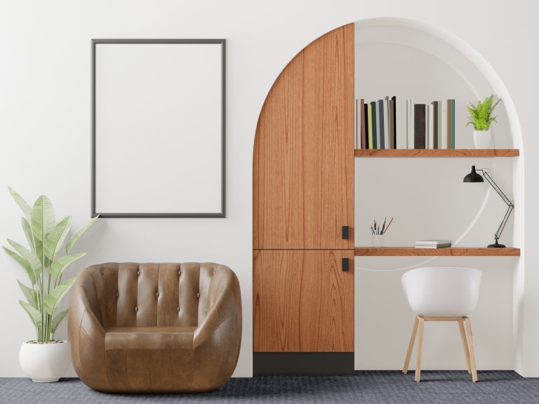 3D illustration mockup photo frame on the wall in living room, scandinavian style interior with cozy furniture and houseplant in natural decoration concept, rendering